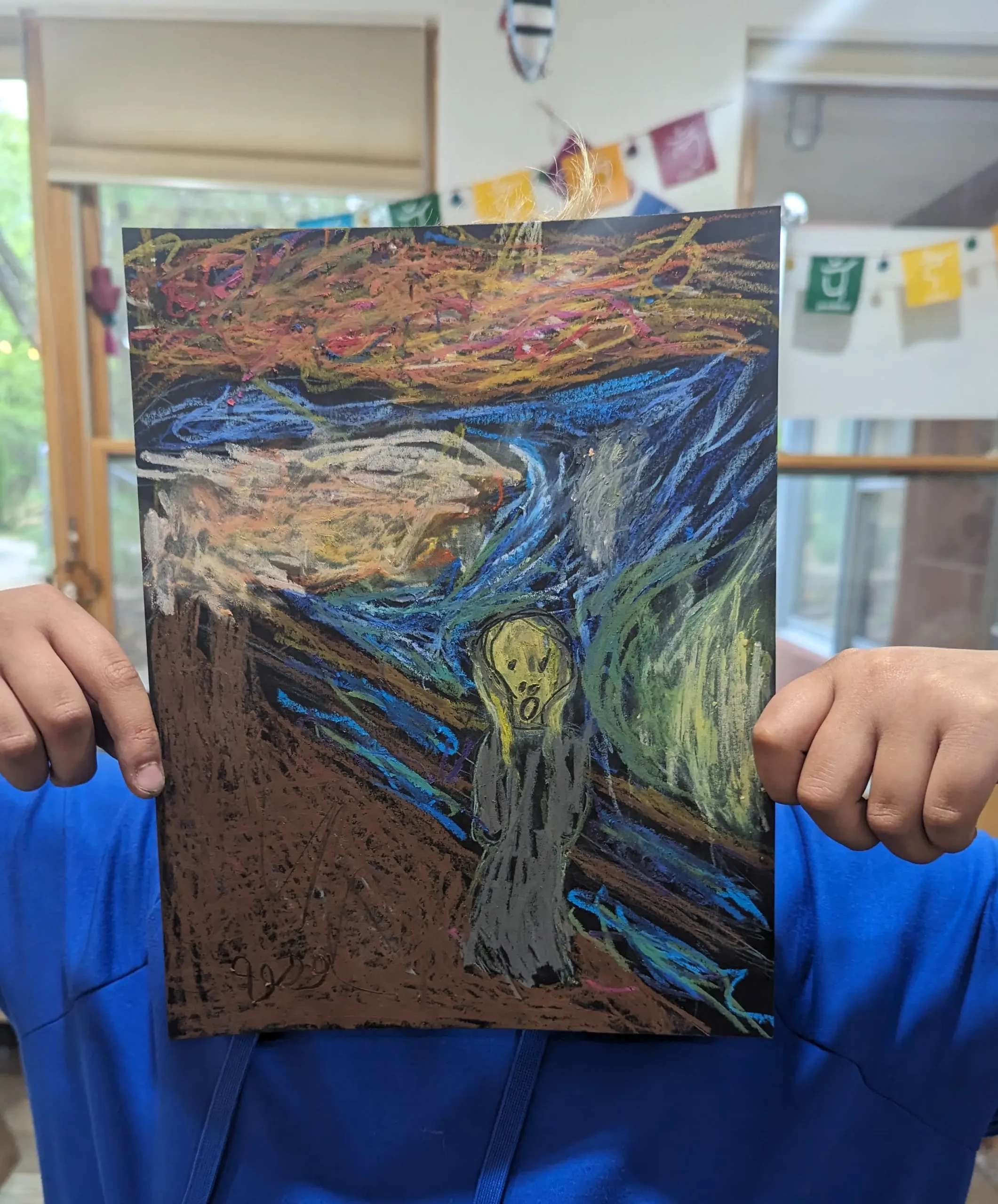 Artwork of person and ghost being held by artist