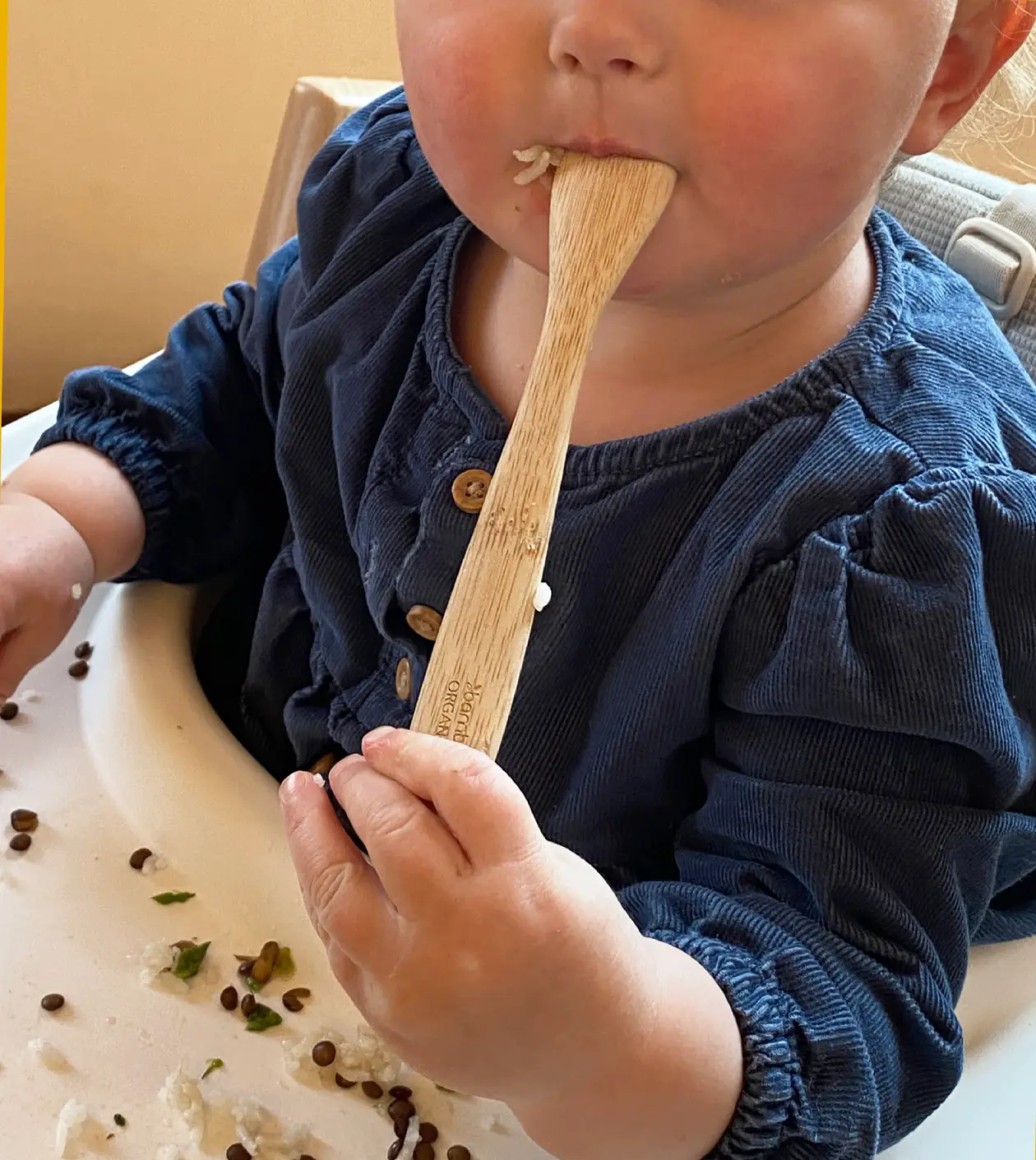 Eating rice and lentils.