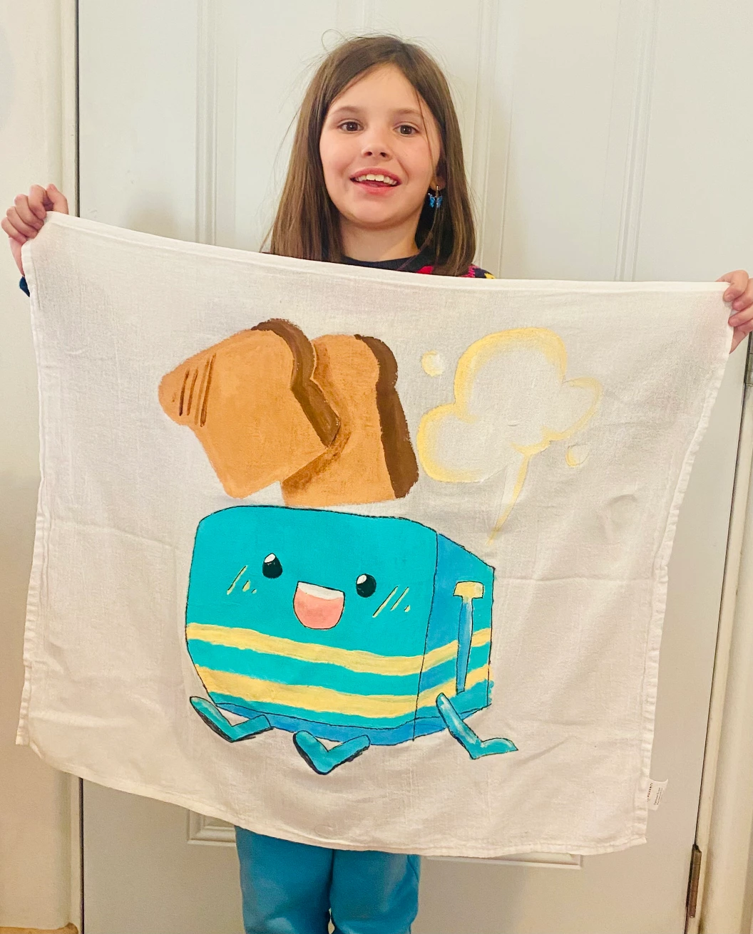 young girl artists holding self-portrait artwork in cool style