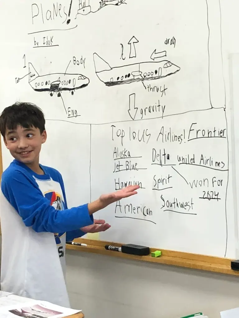 Idak Fierro shares his personal interests in planes at the white board during a typical day at May Center.